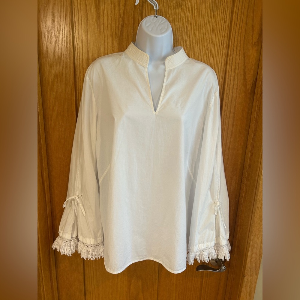 TORY‎ BURCH Sophie Fringed Crochet Trimmed 100% Cotton Poplin Top Size 12 - Picture 2 of 10